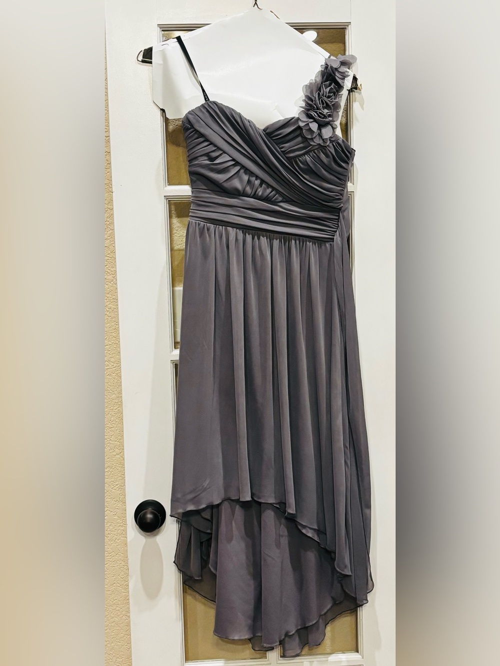 Charcoal One-Shoulder  High-Low Dress with Floral Accent